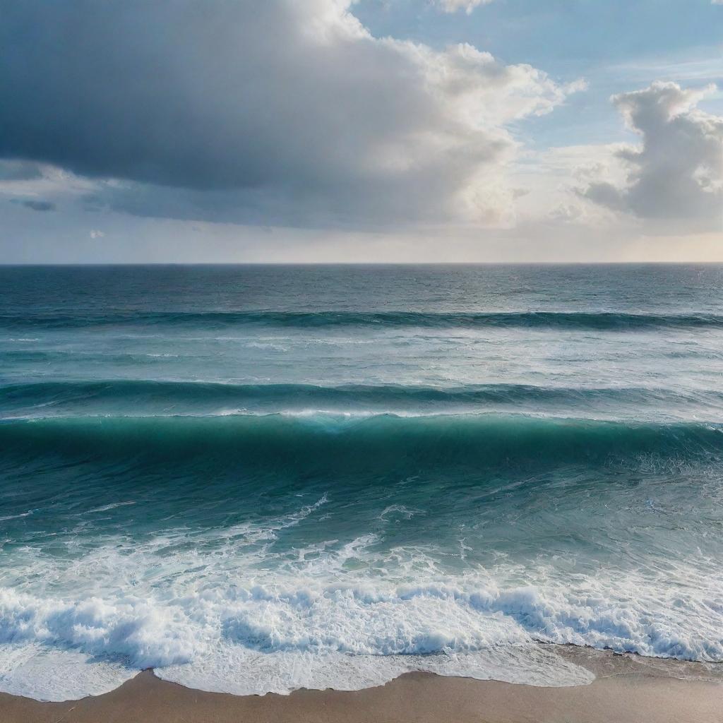 A colossal ocean, seemingly endless, stretching across the horizon under a vast sky, with mighty waves creating a mesmerizing rhythm.