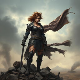 A realistic image of a strong female warrior standing confidently on a pile of rubble, showcasing her fierce expression and battle-ready stance