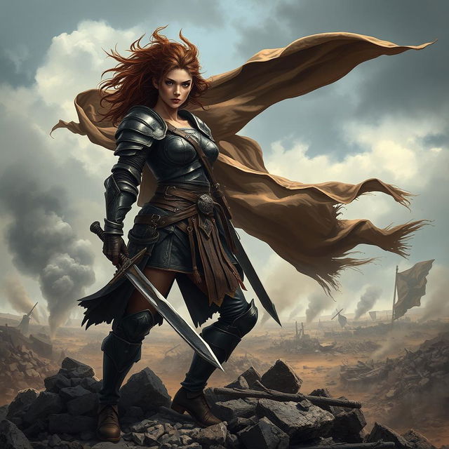 A realistic image of a strong female warrior standing confidently on a pile of rubble, showcasing her fierce expression and battle-ready stance