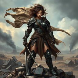 A realistic image of a strong female warrior standing confidently on a pile of rubble, showcasing her fierce expression and battle-ready stance