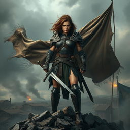 A realistic image of a strong female warrior standing confidently on a pile of rubble, showcasing her fierce expression and battle-ready stance