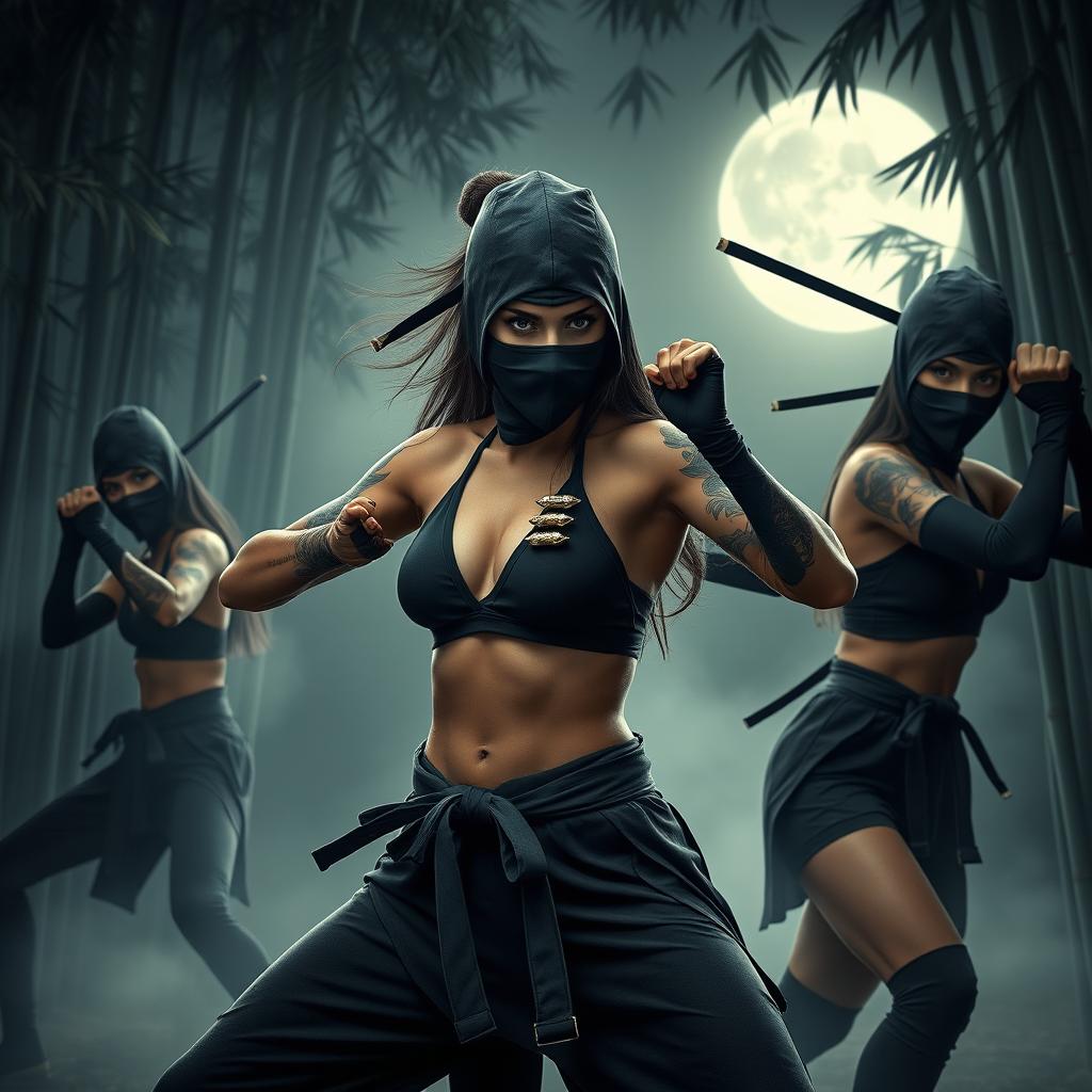 A striking composition featuring beautiful, athletic female ninjas in dynamic poses, showcasing their agility and stealth