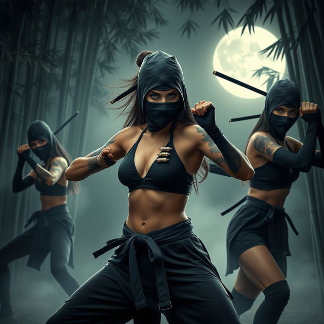 A striking composition featuring beautiful, athletic female ninjas in dynamic poses, showcasing their agility and stealth