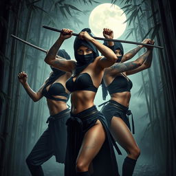 A striking composition featuring beautiful, athletic female ninjas in dynamic poses, showcasing their agility and stealth