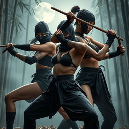 A striking composition featuring beautiful, athletic female ninjas in dynamic poses, showcasing their agility and stealth