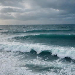 A colossal ocean, seemingly endless, stretching across the horizon under a vast sky, with mighty waves creating a mesmerizing rhythm.