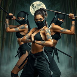 A striking composition featuring beautiful, athletic female ninjas in dynamic poses, showcasing their agility and stealth