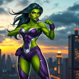 A powerful female superhero, inspired by She-Hulk, standing confidently in a dynamic superhero pose