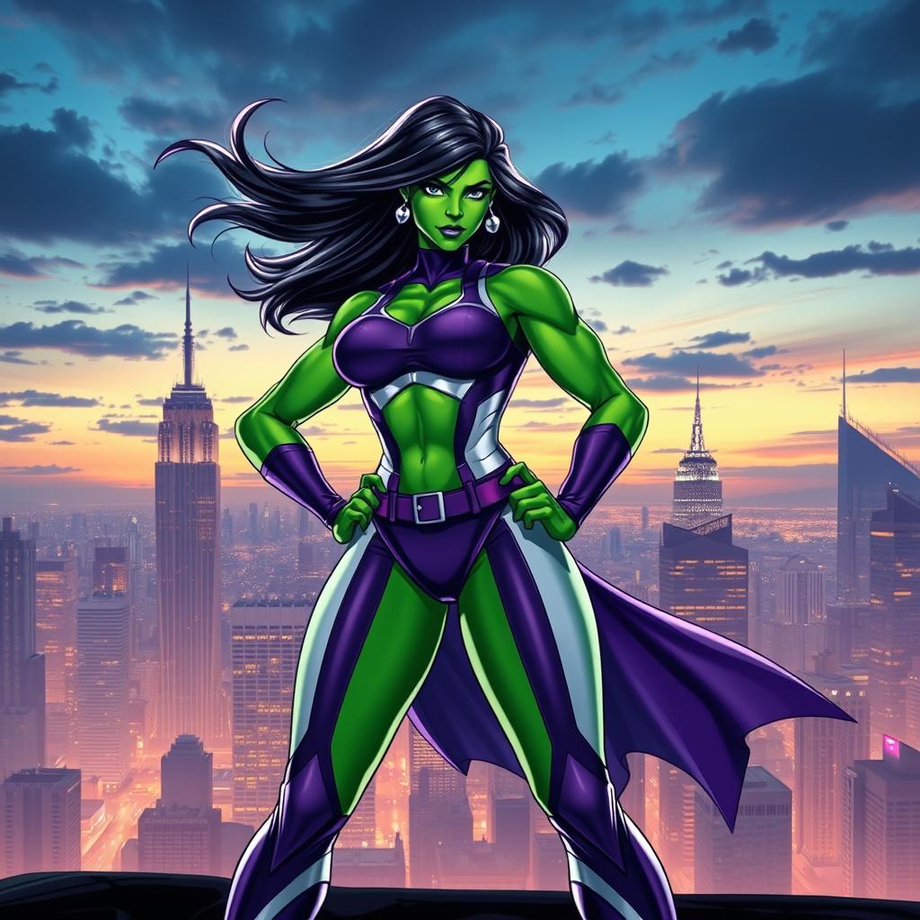 A powerful female superhero, inspired by She-Hulk, standing confidently in a dynamic superhero pose