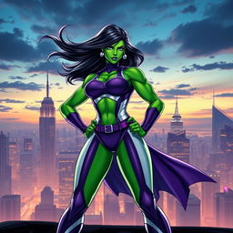 A powerful female superhero, inspired by She-Hulk, standing confidently in a dynamic superhero pose