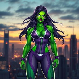 A powerful female superhero, inspired by She-Hulk, standing confidently in a dynamic superhero pose