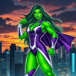 A powerful female superhero, inspired by She-Hulk, standing confidently in a dynamic superhero pose