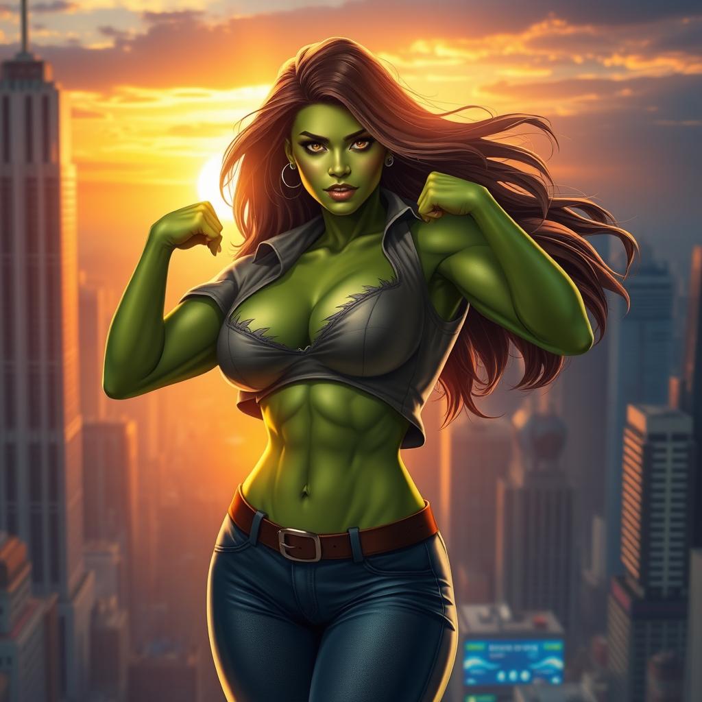 A powerful depiction of a female superhero inspired by She-Hulk, showcasing her in a heroic stance with a torn shirt that subtly reveals her muscular physique underneath