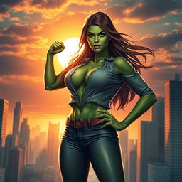 A powerful depiction of a female superhero inspired by She-Hulk, showcasing her in a heroic stance with a torn shirt that subtly reveals her muscular physique underneath