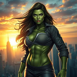 A powerful depiction of a female superhero inspired by She-Hulk, showcasing her in a heroic stance with a torn shirt that subtly reveals her muscular physique underneath