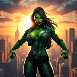 A powerful depiction of a female superhero inspired by She-Hulk, showcasing her in a heroic stance with a torn shirt that subtly reveals her muscular physique underneath