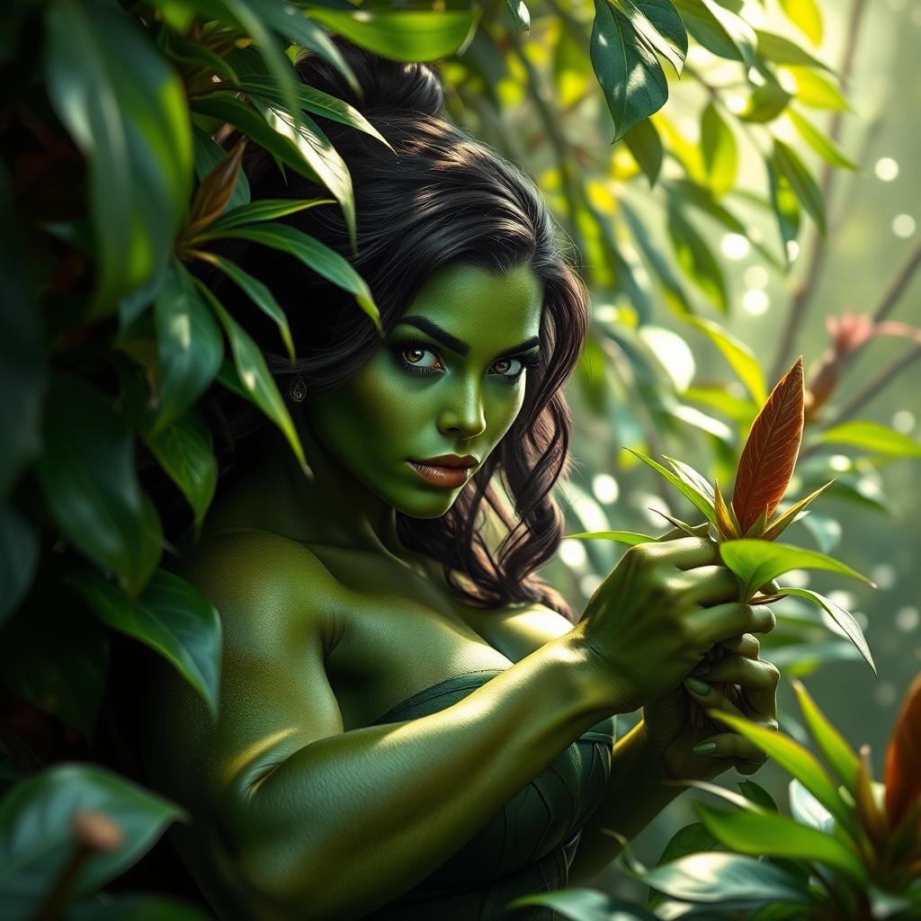 A captivating scene featuring a powerful female superhero inspired by She-Hulk, portrayed in a lush, vibrant jungle environment