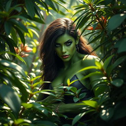 A captivating scene featuring a powerful female superhero inspired by She-Hulk, portrayed in a lush, vibrant jungle environment