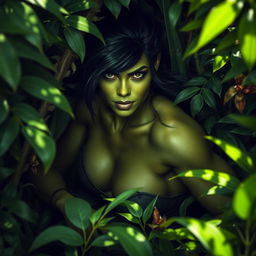 A captivating scene featuring a powerful female superhero inspired by She-Hulk, portrayed in a lush, vibrant jungle environment