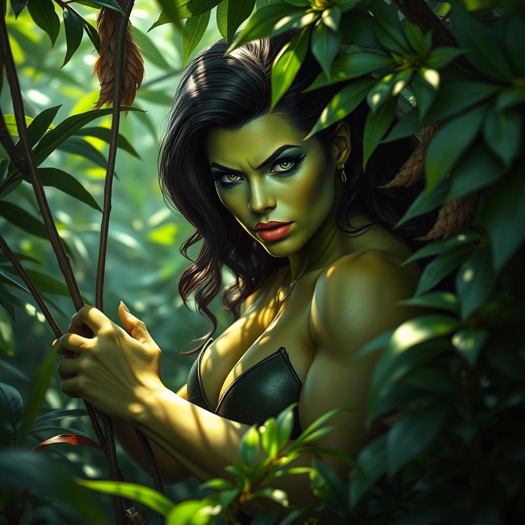 A captivating scene featuring a powerful female superhero inspired by She-Hulk, portrayed in a lush, vibrant jungle environment