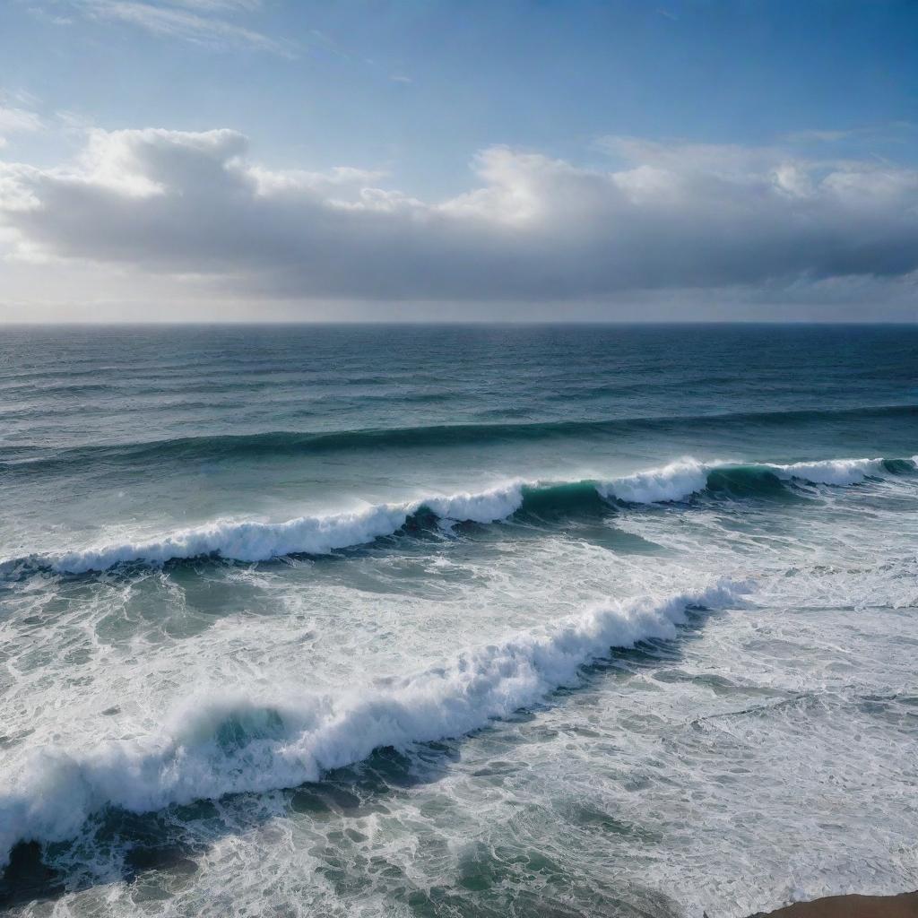 An unfathomably vast, boundless ocean, reaching beyond the horizon, under a sprawling sky with enormous waves dominating the breathtaking scene.