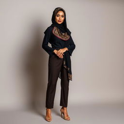 A beautiful woman elegantly adorned in a stylish hijab, complemented by fashionable high heels, stands confidently