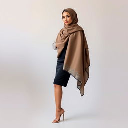 A beautiful woman elegantly adorned in a stylish hijab, complemented by fashionable high heels, stands confidently