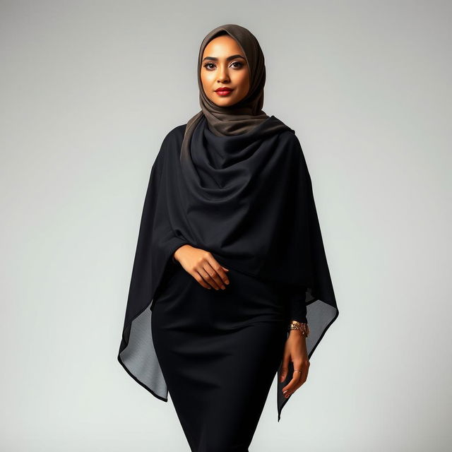 A beautiful woman elegantly adorned in a stylish hijab, complemented by fashionable high heels, stands confidently