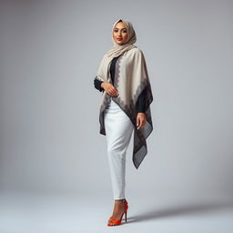 A beautiful woman elegantly adorned in a stylish hijab, complemented by fashionable high heels, stands confidently