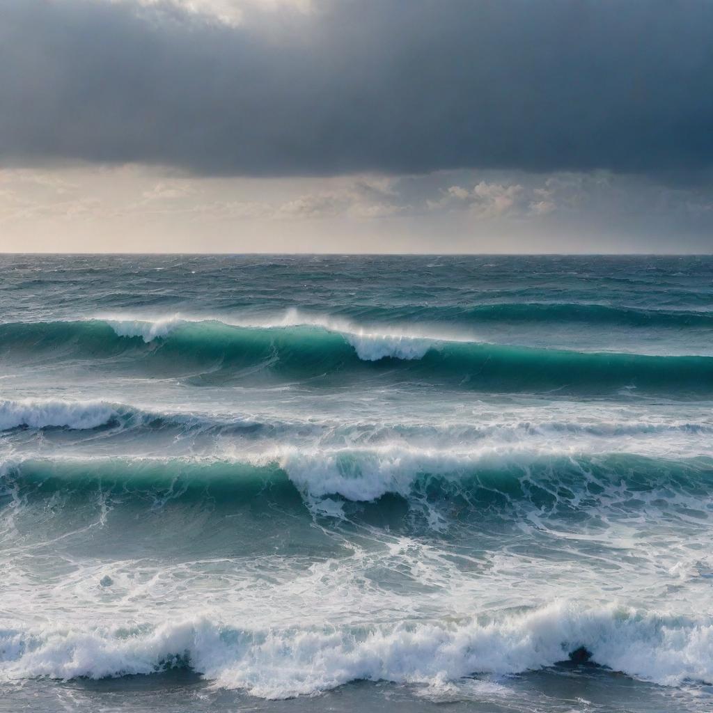 An unfathomably vast, boundless ocean, reaching beyond the horizon, under a sprawling sky with enormous waves dominating the breathtaking scene.