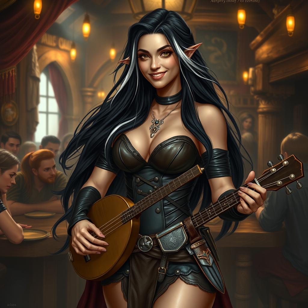 A full-body portrait of Adzira, a mature half-elf bard around 30 years old, with long, flowing black hair featuring striking white streaks