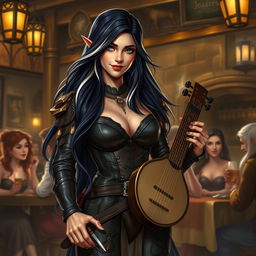 A full-body portrait of Adzira, a mature half-elf bard around 30 years old, with long, flowing black hair featuring striking white streaks