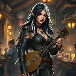 A full-body portrait of Adzira, a mature half-elf bard around 30 years old, with long, flowing black hair featuring striking white streaks