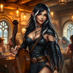 A full-body portrait of Adzira, a mature half-elf bard around 30 years old, with long, flowing black hair featuring striking white streaks