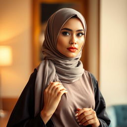 A beautiful woman wearing a stylish hijab and fashionable high heels, exuding confidence and elegance