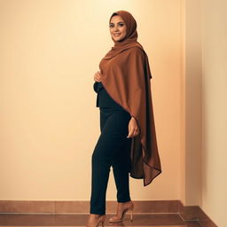 A beautiful woman wearing a stylish hijab and fashionable high heels, exuding confidence and elegance