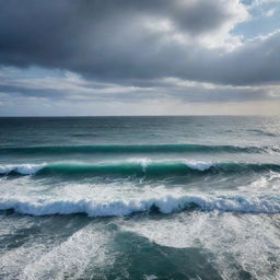 An unfathomably vast, boundless ocean, reaching beyond the horizon, under a sprawling sky with enormous waves dominating the breathtaking scene.