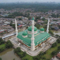 Ultra HD, realistis, miniatur masjid berwarna hijau dengan empat menara dan satu kubah, disampingnya ada kanal air jernih. Sebelah kanal adalah rumah keraton dengan dua tangga depan, biji pala dan cengkeh raksasa tergeletak di rumput hijau di depannya, dan nama TERNATE dalam tilisan kayu raksasa.