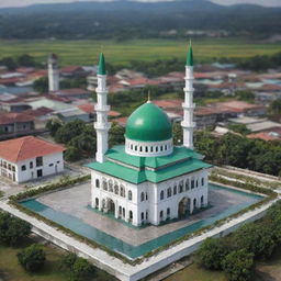 Ultra HD, realistis, miniatur masjid berwarna hijau dengan empat menara dan satu kubah, disampingnya ada kanal air jernih. Sebelah kanal adalah rumah keraton dengan dua tangga depan, biji pala dan cengkeh raksasa tergeletak di rumput hijau di depannya, dan nama TERNATE dalam tilisan kayu raksasa.