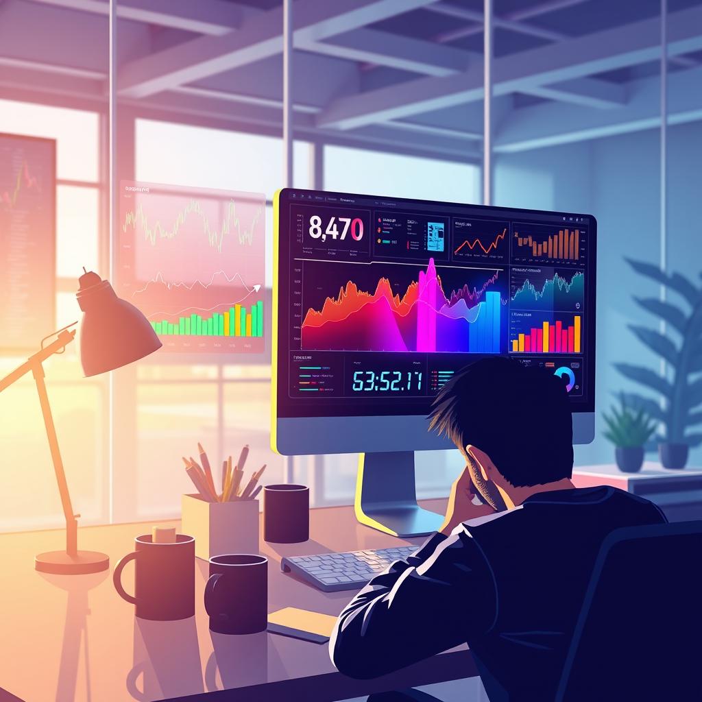 A visually engaging illustration of data manipulation on a computer screen, showcasing vibrant graphs, charts, and numerical data dynamically changing