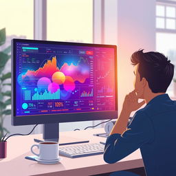 A visually engaging illustration of data manipulation on a computer screen, showcasing vibrant graphs, charts, and numerical data dynamically changing