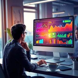 A visually engaging illustration of data manipulation on a computer screen, showcasing vibrant graphs, charts, and numerical data dynamically changing