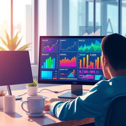 A visually engaging illustration of data manipulation on a computer screen, showcasing vibrant graphs, charts, and numerical data dynamically changing