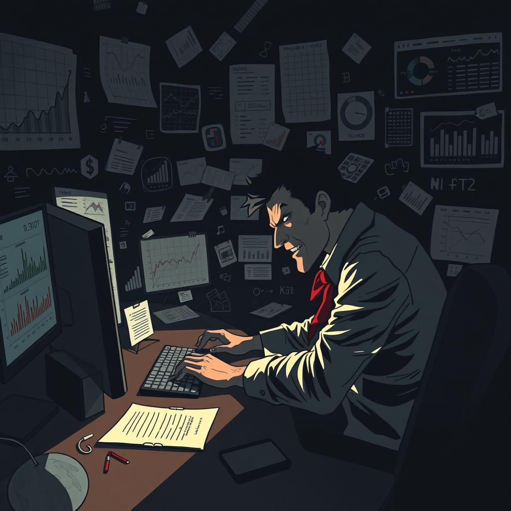 A dramatic and illustrative scene depicting a person engaging in deceitful data manipulation at a computer, surrounded by chaotic and misleading graphs, charts, and data on the screen