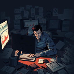 A dramatic and illustrative scene depicting a person engaging in deceitful data manipulation at a computer, surrounded by chaotic and misleading graphs, charts, and data on the screen