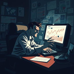 A dramatic and illustrative scene depicting a person engaging in deceitful data manipulation at a computer, surrounded by chaotic and misleading graphs, charts, and data on the screen