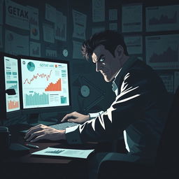 A dramatic and illustrative scene depicting a person engaging in deceitful data manipulation at a computer, surrounded by chaotic and misleading graphs, charts, and data on the screen