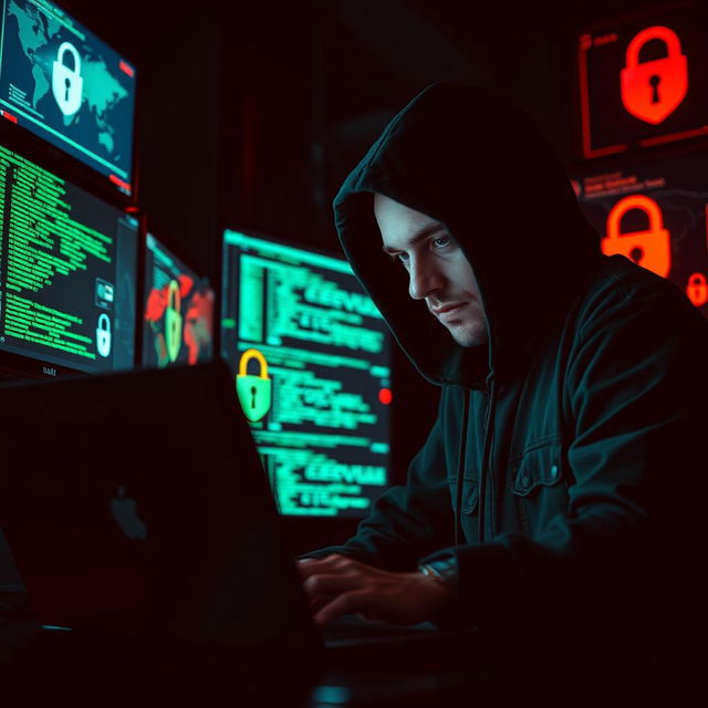 An intense and visually striking scene of a hacker infiltrating a secure database, depicted through a dimly lit room illuminated by multiple screens displaying complex lines of code and digital security systems