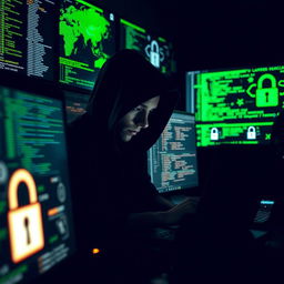 An intense and visually striking scene of a hacker infiltrating a secure database, depicted through a dimly lit room illuminated by multiple screens displaying complex lines of code and digital security systems