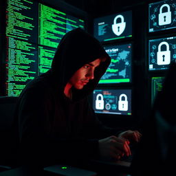 An intense and visually striking scene of a hacker infiltrating a secure database, depicted through a dimly lit room illuminated by multiple screens displaying complex lines of code and digital security systems